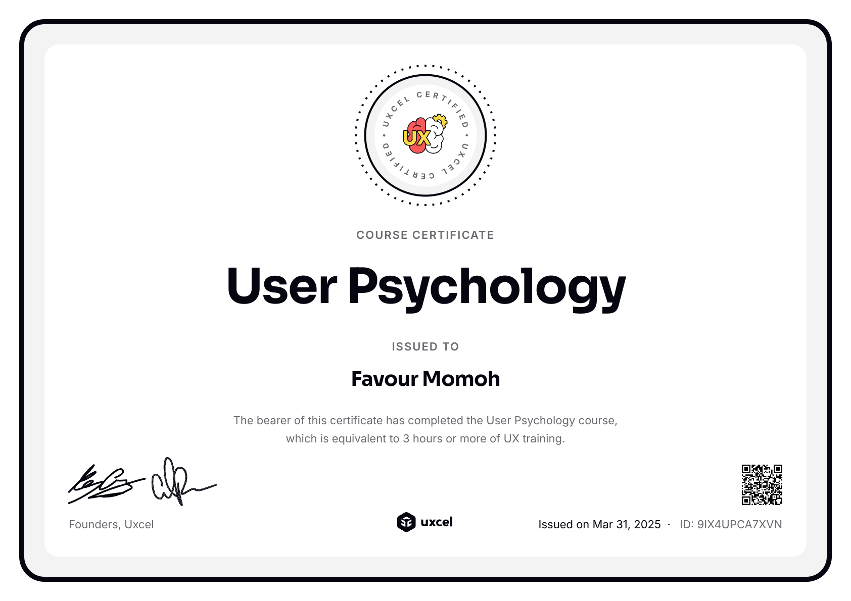 Favour Momoh's certificate
